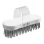 The Haug Bürsten KG Hackstock brush, flat wire thickness 3.3x0.6mm Hard185x75x37, a white oval scrubbing brush with a clear handle and stiff metal bristles for woodworking, is shown against a plain background.