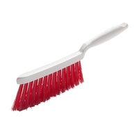 The HAND BRUSH, PBT RED, ø 0.25 mm, SOFT, 280 x 15 x 50 mm from Haug Bürsten KG features a white plastic handle and dense red PBT bristles for effective cleaning, shown against a plain white background.