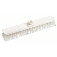 The Haug Bürsten KG LARGE-AREA SCRUBBER, PBT BRISTLES, ø 0.50 MM, MEDIUM 400X60X40 MM is a white scrub head with stiff, straight PBT bristles and a threaded attachment for the handle, ideal for floor cleaning, pictured against a solid-color background.