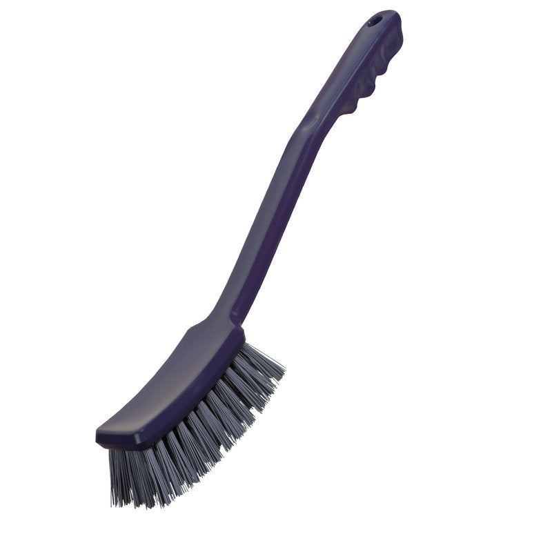 Die METDEC PREM. STIELBÜRSTE von Haug Bürsten KG verfügt über graublaue PBT-Borsten, einen langen 400x48x35 mm großen Stiel mit einem gebogenen, strukturierten Griff für eine effektive Reinigung, abgebildet auf einem weißen Hintergrund.