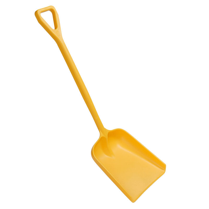 Abgebildet ist ein gelber SCHAUFEL, GROß, EINTEILIG, PP (400x340x1110mm) der Haug Bürsten KG mit einer flachen rechteckigen Schaufel und einem D-förmigen Griff, hergestellt aus strapazierfähigem PP-Material auf weißem Hintergrund.