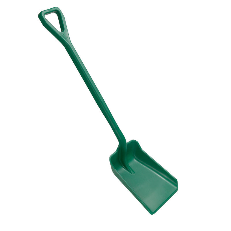 Die SCHAUFEL KLEIN, EINTEILIG, PP (355x255x1050 mm) von Haug Bürsten KG ist eine grüne Polypropylen-Schaufel mit breitem, rechteckigem Blatt und langem Stiel, die auf weißem Hintergrund dargestellt ist.