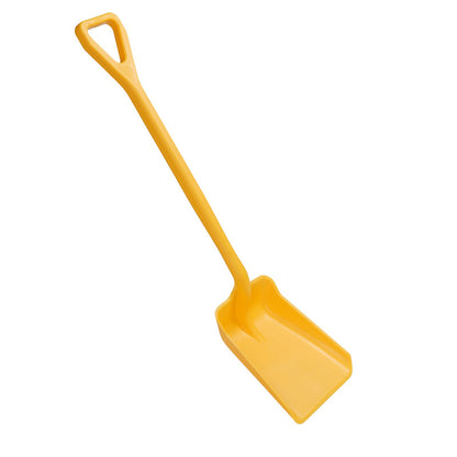 Die SCHAUFEL KLEIN, EINTEILIG, PP, 355X255X1050M von Haug Bürsten KG ist eine gelbe Polypropylen-Schaufel mit rechteckigem Blatt und D-förmigem Stiel, abgebildet auf weißem Hintergrund.