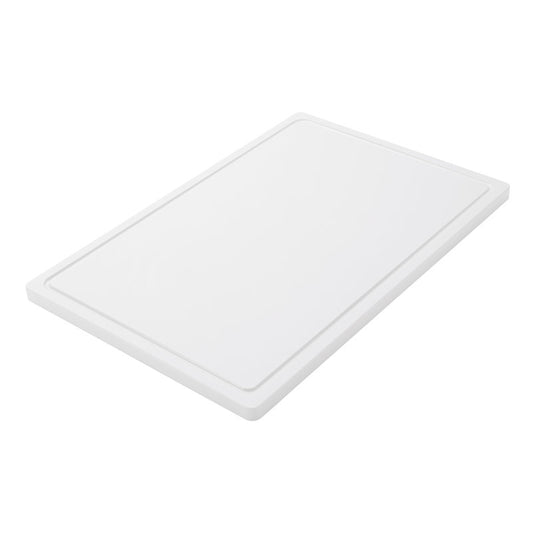 Das Haug Bürsten KG SCHNEIDEBRETT GROß, PE, RUTSCHFEST, 600X400X20MM ist ein großes, rechteckiges, weißes Schneidebrett mit rutschfester Oberfläche und erhöhtem Rand, das schräg vor einem weißen Hintergrund abgebildet ist - ideal für den täglichen Gebrauch in der Küche.
