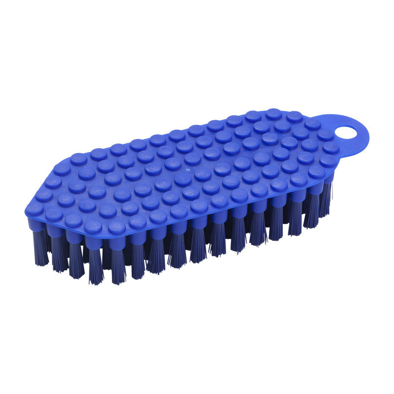 The FLEXO-BRUSH from Haug Bürsten KG is blue with stiff PBT bristles ø 0.35mm and has a textured, rounded handle with a hole at one end for hanging. Size: 190x70x25 mm.
