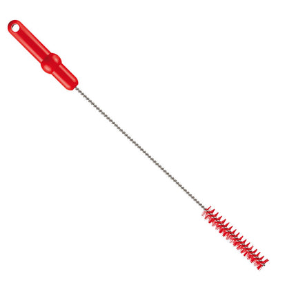 The PIPE BRUSH, ø 0.50MM HARD 500Xø 20MM from Haug Bürsten KG has a red plastic handle with a hanging hole, a twisted metal shaft, and firm cylindrical bristles - ideal as a cleaning brush for thorough cleaning.
