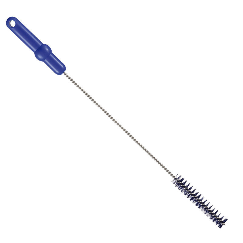 The Haug Bürsten KG PIPE BRUSH, ø 0.50MM HARD 500Xø 20MM has black bristles and a long twisted metal shaft, ideal for cleaning narrow bottles or tubes.
