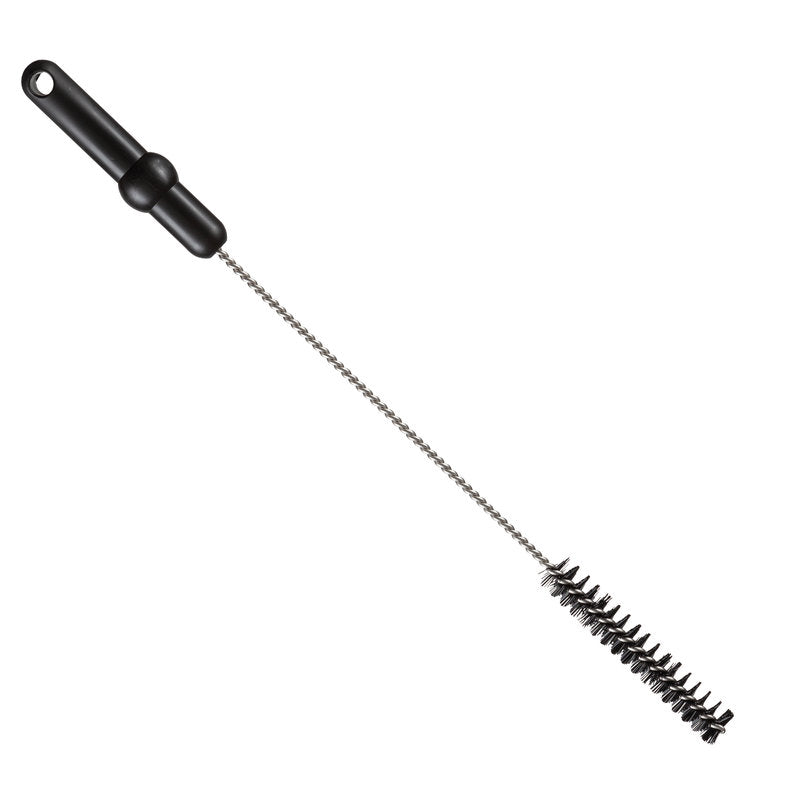 The Haug Bürsten KG PIPE BRUSH, ø 0.50MM HARD 500Xø 20MM, is a cylindrical cleaning brush with stiff black bristles, a twisted metal shaft, and a black plastic handle with a hanging hole - perfect for efficient pipe cleaning.