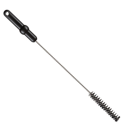 The Haug Bürsten KG PIPE BRUSH, ø 0.50MM HARD 500Xø 20MM, is a cylindrical cleaning brush with stiff black bristles, a twisted metal shaft, and a black plastic handle with a hanging hole - perfect for efficient pipe cleaning.