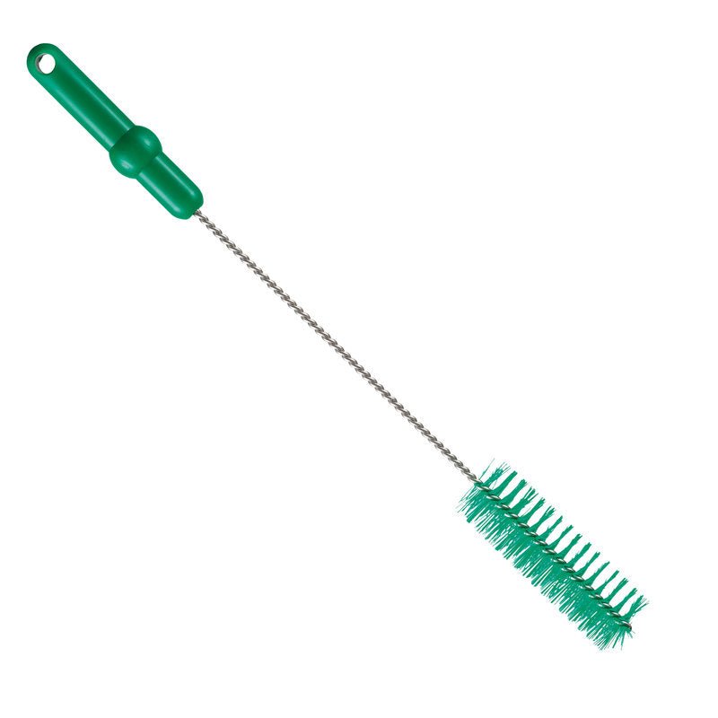 The Haug Bürsten KG PIPE BRUSH, ø 0.50MM MEDIUM, 500Xø40MM has a green handle, stiff bristles, and a long twisted metal handle for effective cleaning and pipe maintenance in narrow containers.