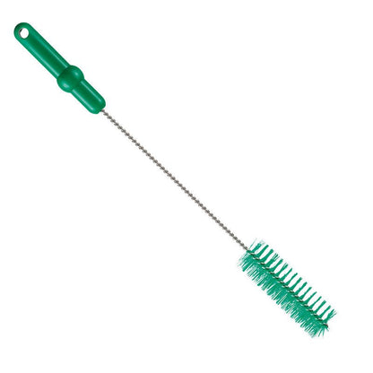 The Haug Bürsten KG PIPE BRUSH, ø 0.50MM MEDIUM, 500Xø40MM has a green handle, stiff bristles, and a long twisted metal handle for effective cleaning and pipe maintenance in narrow containers.