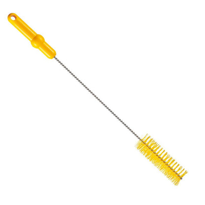 The PIPE BRUSH, ø 0.50MM MEDIUM, 500Xø40MM from Haug Bürsten KG has stiff yellow bristles, a yellow handle, and a long twisted metal handle - perfect as a cleaning brush for pipes. Photographed on a white background.