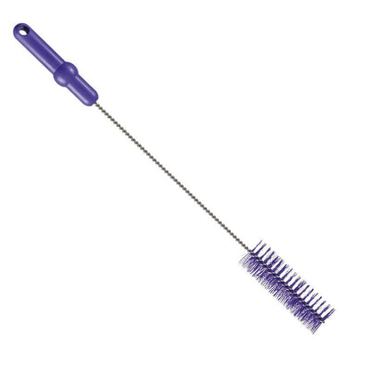 The Haug Bürsten KG PIPE BRUSH, ø 0.50MM MEDIUM, 500Xø40MM has a purple plastic handle, a long twisted metal handle, and dense cylindrical purple bristles, ideal as a cleaning brush for pipes and on a white background.