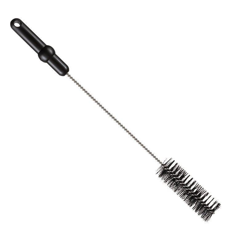 The PIPE BRUSH, ø 0.50MM MEDIUM, 500Xø40MM from Haug Bürsten KG has a black plastic handle, a twisted metal shaft, and dense cylindrical black bristles - ideal as a pipe cleaning brush. Pictured isolated on a white background.
