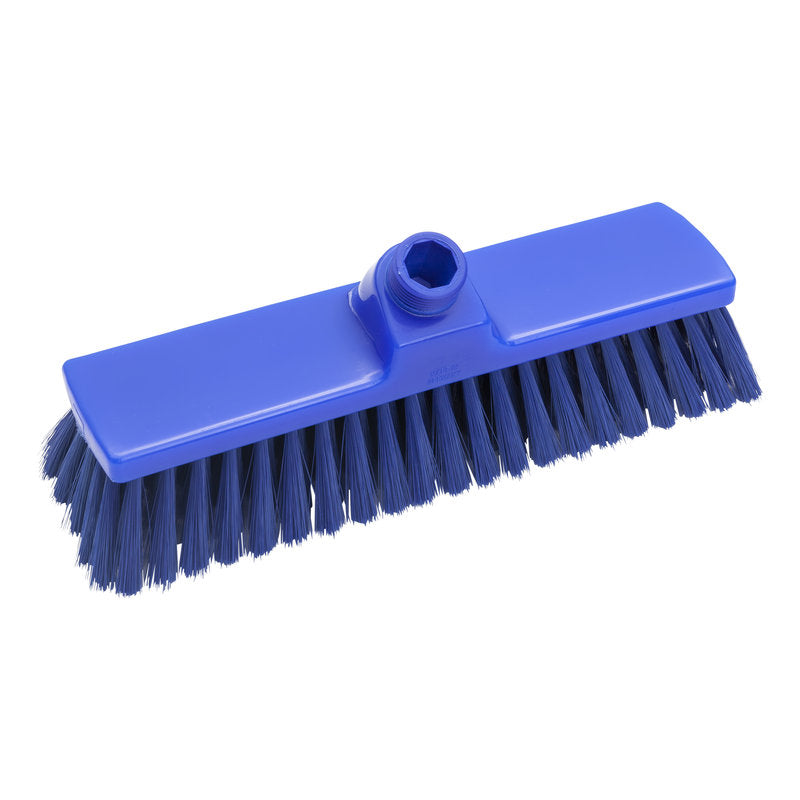 The Haug Bürsten KG BROOM, SLIT ø 0.25MM SOFT (300x70x50mm) is a blue rectangular broom head with soft bristles and a handle attachment, ideal for delicate surfaces. Pictured on a white background.