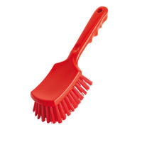 The Haug Bürsten KG STIELBÜRSTE, ø 0.50 mm, hard (260x72x35 mm), features a red plastic handle and sturdy bristles, shown against a white background.