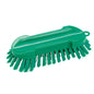 Die WASCHBÜRSTE RUND von Haug Bürsten KG hat harte Borsten aus PBT hart, einen gebogenen grünen Kunststoffgriff und misst 205x65x30mm, abgebildet auf weißem Hintergrund.