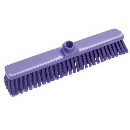 Der GROßRAUMBESEN, WEICH 400X60X50MM von Haug Bürsten KG ist ein violetter Besen mit weichen Borsten und einer zentralen Buchse zur Stielbefestigung, ideal für die effiziente Reinigung großer Flächen.