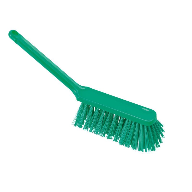 La SPAZZOLA A MANO ø 0,50MM, DURA (310x40x45MM) di Haug Bürsten KG è una spazzola in plastica verde con setole dure e manico lungo, raffigurata di sbieco su sfondo bianco.