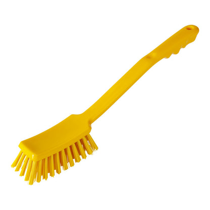 The Haug Bürsten KG HANDLE BRUSH, PBT HARD 400X48X35MM is a yellow plastic cleaning brush with stiff PBT bristles and a long, slightly curved handle, depicted on a white background.