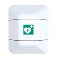 The Novocal help Defibrillator Cabinet, made of plastic by Novocal, is a white, wall-mounted defibrillator cabinet featuring a green heart, a lightning bolt, and a plus sign, indicating that it contains a defibrillator.