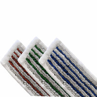 Three Arcora flat mops in red (40 cm) from Arcora International GmbH are shown side by side, each with a white border and red, green, and blue stripes on a gray and white background—ideal for hygienic cleaning in hospitals.