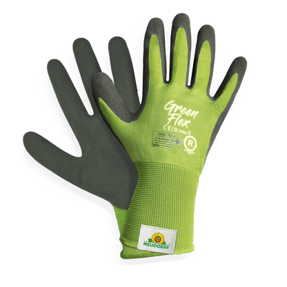 A pair of sustainable KIXX Green Flex gloves from Neudorff Shop in green and black, with a sun and plant logo on the wrist, depicted on a white background.