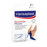 Packaging for the Hansaplast Druckstop bandage by Beiersdorf AG, featuring an image of a woman's foot in a high heel and promising relief from pressure pain. The text is in German and emphasizes "Schutzpol."