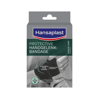 Emballage du bandage de protection pour poignet Hansaplast de la société Beiersdorf AG, portant les mentions « Dynamic Guard » et « Protection Bandage ». On y voit un poignet recouvert d'un bandage gris. Texte en