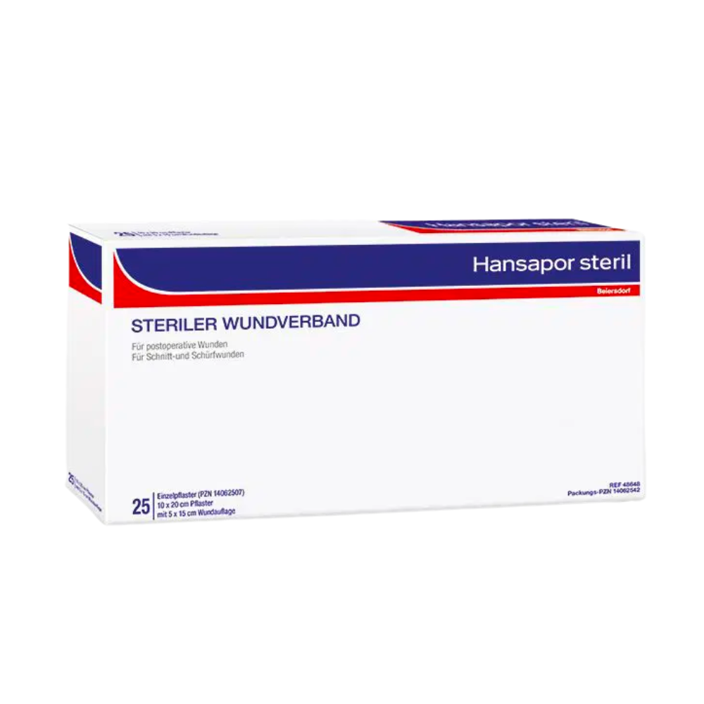 A box of sterile Hansapor adhesive plasters by Beiersdorf AG, containing 25 sterile wound dressings by Atem. The packaging is predominantly white with red and blue accents.