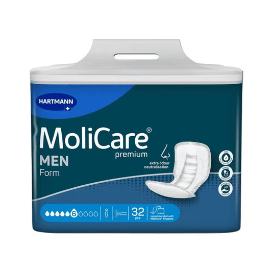 Una confezione blu e bianca di assorbenti MoliCare Premium Form MEN, 6 gocce (32 pezzi) della Paul Hartmann AG, raffigurata con l’immagine del prodotto, i simboli e il testo che ne sottolinea l’ulteriore azione neutralizzante degli odori e il pH neutro per la pelle maschile.