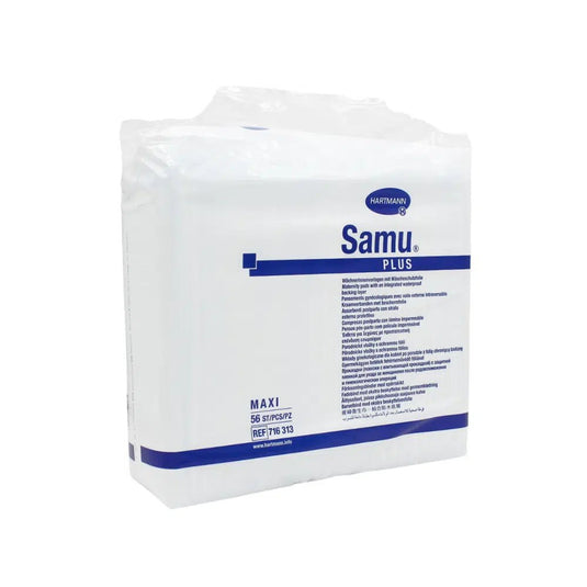 Eine versiegelte Packung Hartmann Samu® Plus Maxi Wöchnerinnen Vorlage von Paul Hartmann AG (56 Stück), ideal für den sicheren Schutz der Wäsche, wird in durchsichtiger Folie verpackt mit blauen Produktinformationen auf der Vorderseite geliefert.
