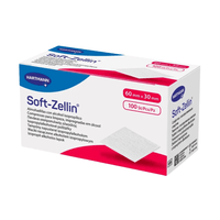 A white rectangular box labeled “Hartmann Soft-Zellin Alcohol Swabs – 100 pieces | Pack (100 pieces)” contains 100 alcohol swabs measuring 60 mm x 30 mm, ideal for cleaning the skin before injections. The box features the Paul Hartmann AG logo and an image of one of the alcohol swabs. The text on the box is in multiple languages.