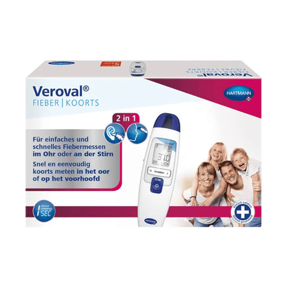 The Paul Hartmann AG discontinued item: Veroval® 2in1 infrared fever thermometer shows the product image, a German and Dutch text about ear and forehead measurement, a Hartmann logo, and a smiling family of four on the right side.