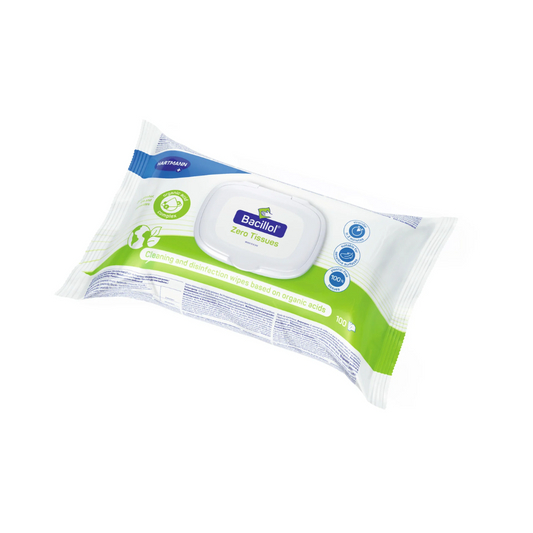 Eine Packung Paul Hartmann AG Hartmann Bacillol® Zero Tissues Schnell-Desinfektionstücher | Packung (1 Stück) wird angezeigt. Die weiß-grüne Verpackung weist darauf hin, dass es sich um umweltfreundliche Desinfektionstücher auf Basis organischer Fruchtsäuren handelt. Die Packung enthält 100 Tücher und verfügt über einen Klappdeckel für einfachen Zugriff.