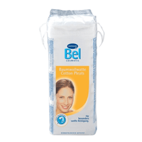 A package of Bel Cosmetic cotton pads from Paul Hartmann AG, featuring a woman’s face on the front, emphasizes gentle cleansing for skin care. This dermatologically tested cosmetic product includes text in German and English and comes in a 100-g package.