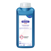 Hartmann Bodedex® forte bottle, an instrument cleaner with a white-and-purple label. The label includes instructions for use and hazard symbols. The container has a capacity of 2 liters.