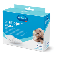 Silicone Hartmann Cosmopor®, sterile, confezionato singolarmente in buste sigillate; in scatole pieghevoli con etichetta Euro, 10 x 8 cm