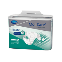 A package of medium-sized MoliCare® Premium Elastic 5 Drops adult diapers from Paul Hartmann AG. The three-panel packaging, which is predominantly blue-green and white, highlights the product’s comfort and ease of use.