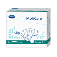 A box of Hartmann MoliCare® Slip Extra 5 Drops incontinence briefs contains 30 pieces, primarily in white and blue-green, featuring the Paul Hartmann AG brand name and product information.