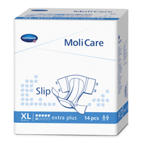One package of Paul Hartmann AG Hartmann MoliCare® extra+ Incontinence Briefs, 6 drops, unisex, size XL (130–175 cm). The package contains 14 pieces and is labeled “extra plus.” Featuring a blue-and-white design, it offers high fluid absorption for excellent leak protection.