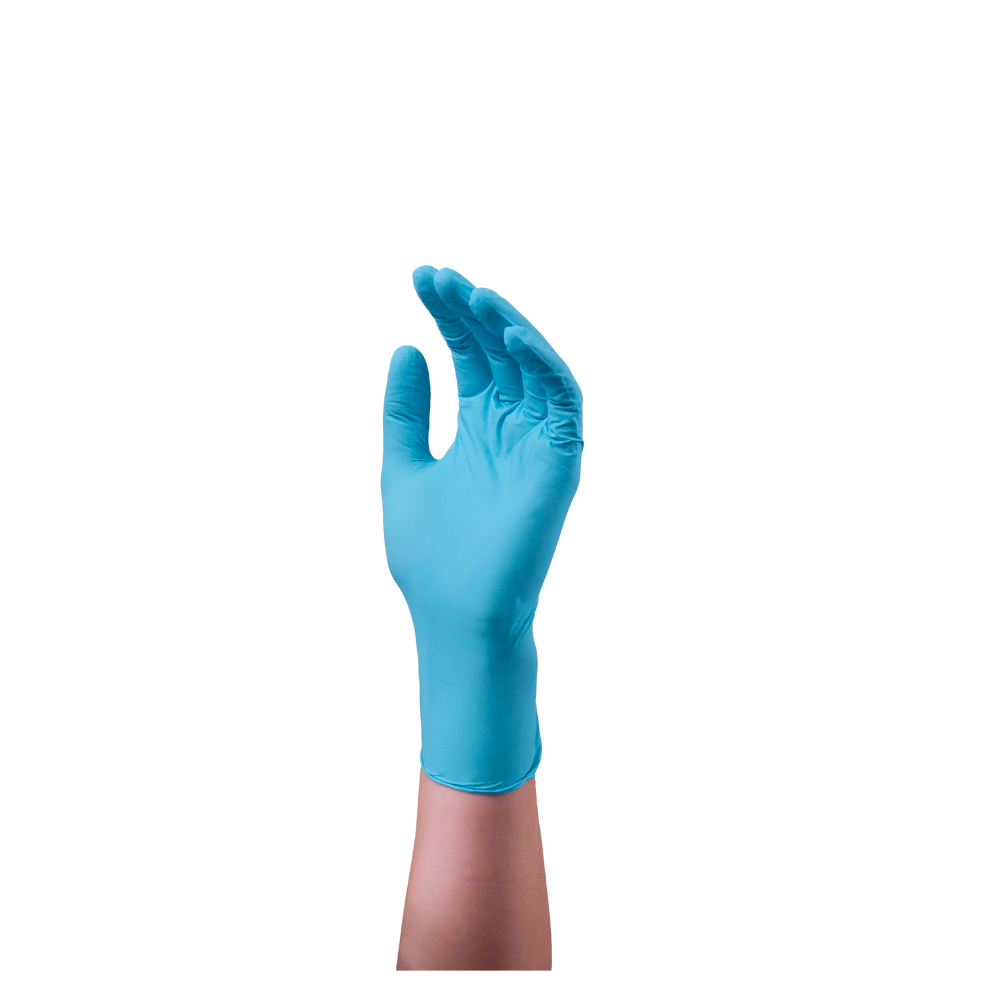 Una mano con un guanto di nitrile blu senza polvere Hartmann Peha-soft®, isolata su uno sfondo bianco, con le dita piegate verso l'alto in un gesto di presa o di tenuta.