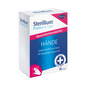 A rectangular box of Hartmann Sterillium® Protect & Care hand disinfection wipes (10 wipes) by Paul Hartmann AG in blue, pink, and white with German text; removes bacteria and offers tested skin compatibility.