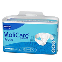 Pack of Hartmann MoliCare® Premium Elastic, 6 absorbent briefs for urinary and fecal incontinence by Paul Hartmann AG, size S, suitable for waist sizes 70–90 cm. Contains 30 briefs with an ergonomic design and user-friendly symbols in a blue-and-white color scheme, as well as a picture of a brief.