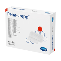 Boîte contenant 20 bandages de fixation superélastiques Hartmann Peha-crepp® de la société Paul Hartmann AG, avec les détails du produit et une photo du bandage. Le texte figurant sur l'emballage est multilingue.