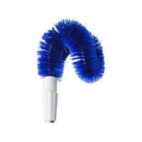 The Haug PBT Blue Soft 190 x Ø65 Exterior Pipe Brush features a blue, curved cleaning brush with dense PBT Blue Soft bristles, attached to a white handle base made of Haug Bürsten KG.
