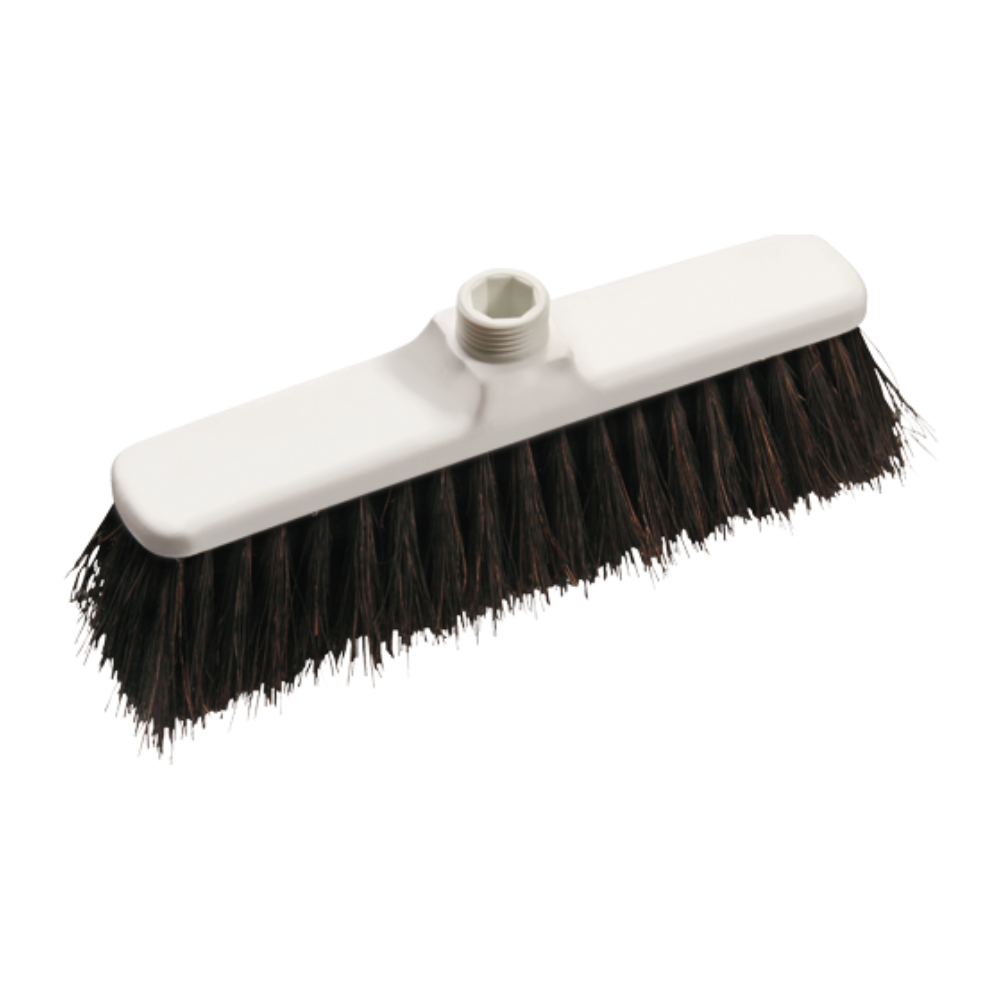 The Arenga brooms by Haug Bürsten KG with white head and brown bristles are perfect for high-temperature areas. They feature a threaded socket for easy handle attachment and meet high hygiene standards due to their HACCP certification. Dimensions: 280 x 50 x 115 mm.