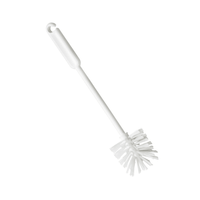 The Haug 32 cm Glass and Bottle Brush from Haug Bürsten KG is a hygienic cleaning brush made of white plastic with a long handle and bristles that are perfect for cleaning. The design features a convenient hook on the handle for easy hanging, making it ideal for glasses and bottles.