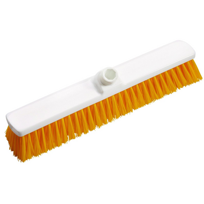 The Haug large-area brush PBT 400x60x120 mm from Haug Bürsten KG, with its bright yellow bristles and white brush head, is ideal for professional cleaning in the food industry. It is designed for easy handle attachment and is displayed horizontally on a plain white background.