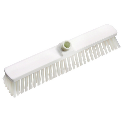 The Haug large-area brush PBT 400x60x120 mm from Haug Bürsten KG features a white brush head with stiff bristles and a central mounting point, ideal for professional cleaning tasks in the food industry. Perfect for efficient scrubbing of surfaces.